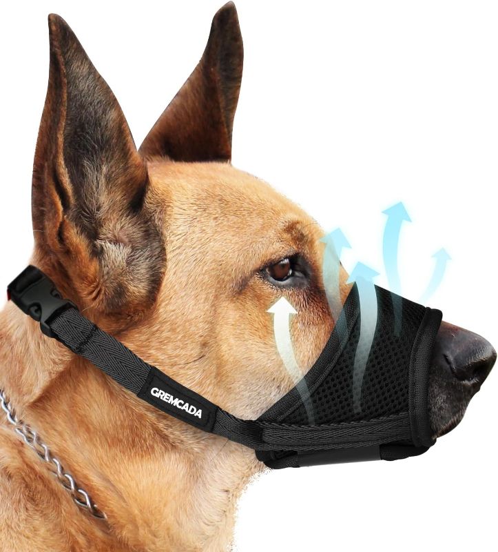 Photo 1 of Dog Muzzle for Small Medium Large Dogs - Soft Nylon Breathable Muzzle with Air Mesh, Adjustable Loop, Anti-Dropping Design for Biting, Barking, Chewing, Labrador, German Shepherd, Chihuahua (Black,L)
