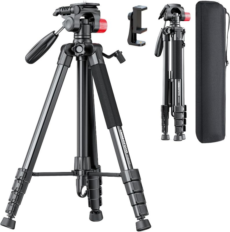 Photo 1 of Camera-Tripod, Porfessional Aluminum Heavy Duty Tripod Stand for Mirrorless Camera/DSLR/Cell Phone/Camcorder, with Holder and Travel Bag
