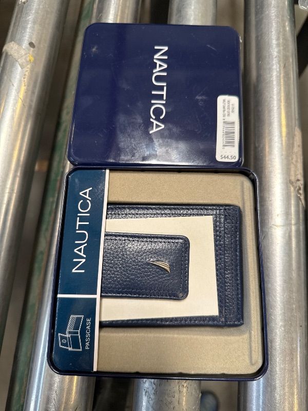 Photo 1 of Nautica Men's Pebble Two-Tone Front Pocket Leather Wallet and Money Clip with 6 slots, RFID Protection, and ID Window, Cobalt Blue