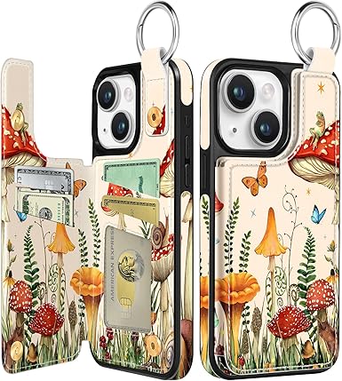 Photo 1 of Shorogyt Compatible with iPhone 14 Wallet Case with Card Holder - Designer Mushroom Frog Pattern Kickstand Magnetic Clasp Back Flip Folio Leather Phone Covers

