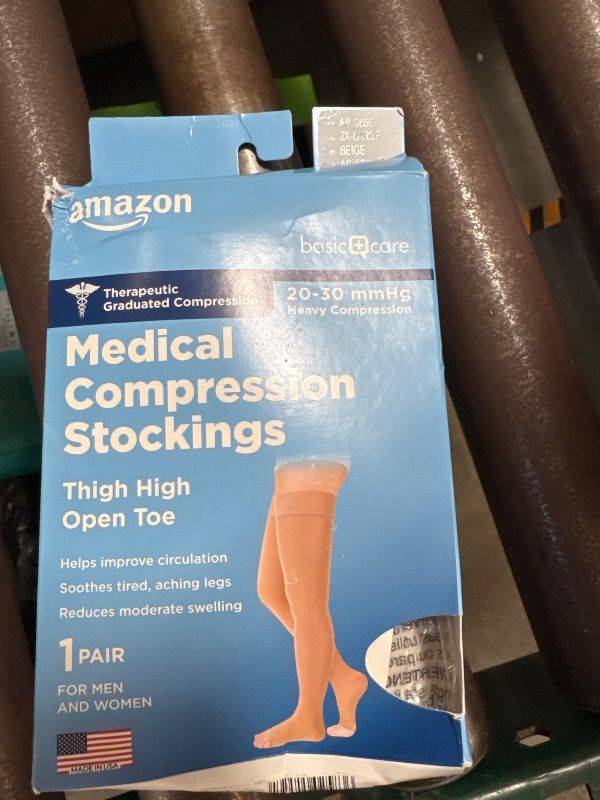 Photo 1 of Amazon Basic Care Medical Compression Stockings, 20-30 mmHg Support, Women & Men Thigh Length Hose, Open Toe, Beige, 2X-Large (Previously NuVein)