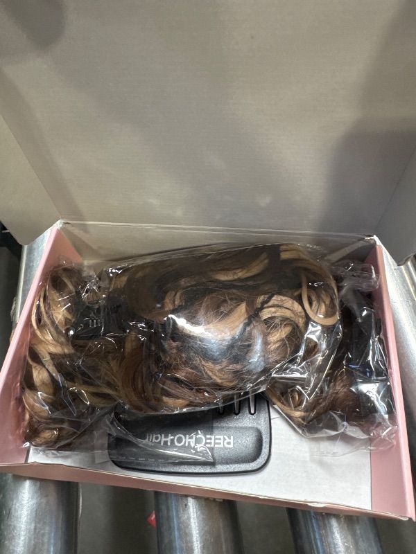 Photo 1 of REECHO Curly Hair Extensions, 4PCS 16 inch Clip in Hair Extensions Lace Weft Short Curly Extension Clip Ins Invisible Natural Hairpieces for Women, Brown with Deep Blonde Highlights