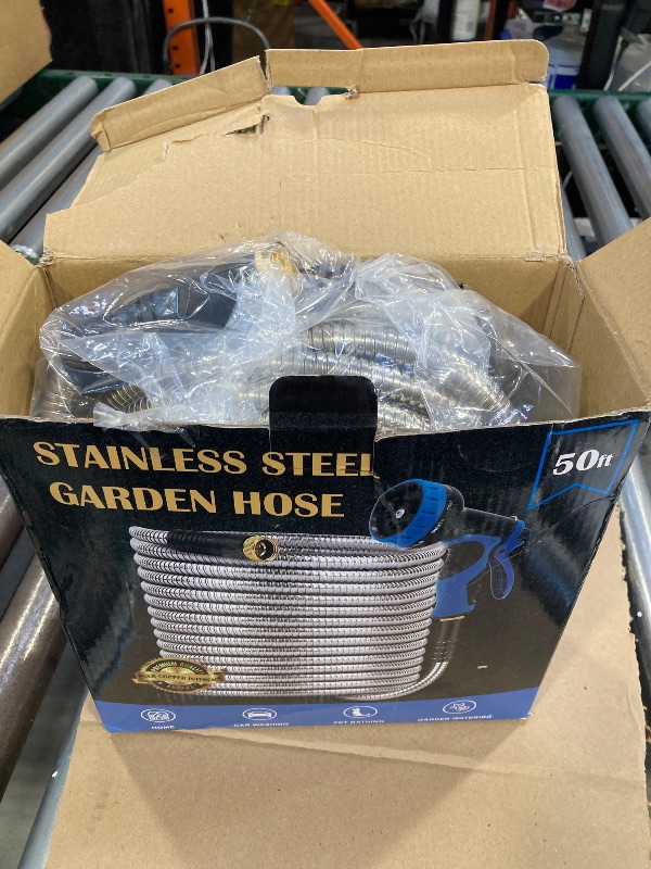 Photo 1 of Garden Hose 50FT, Water Hose with 10 Function Nozzle, Garden Hose Metal with Leak-proof Connectors, Kink-Free & Ultra Flexible, Rust/Pet/Puncture Proof for Lawn, Yard, RV, Car Wash, 550PSI