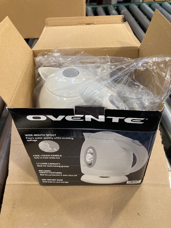 Photo 1 of OVENTE Electric Kettle, 1.7L Fast Boiling Water Heater for Coffee or Tea, BPA Free with Water Level Gauge, Auto Shut-Off, Boil-Dry Protection, Indicator Light and Removable Filter, White KP72W