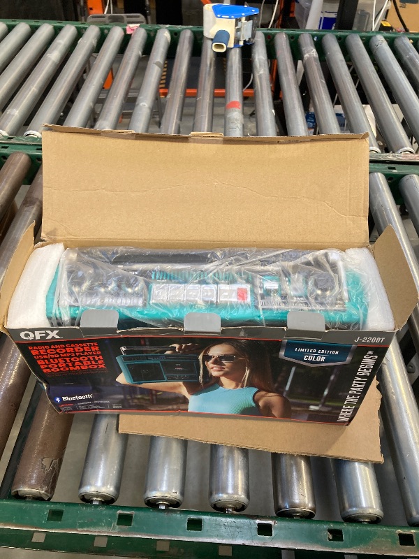 Photo 1 of QFX J-220BTTQ Aqua Turquoise Boombox MP3 Conversion from Radio to Cassette with 4-Band (AM, FM, SW1, SW2) Radio with Bluetooth, Dual 3” Speakers, Built-in Microphone, Recorder, and a 3-Band Equalizer