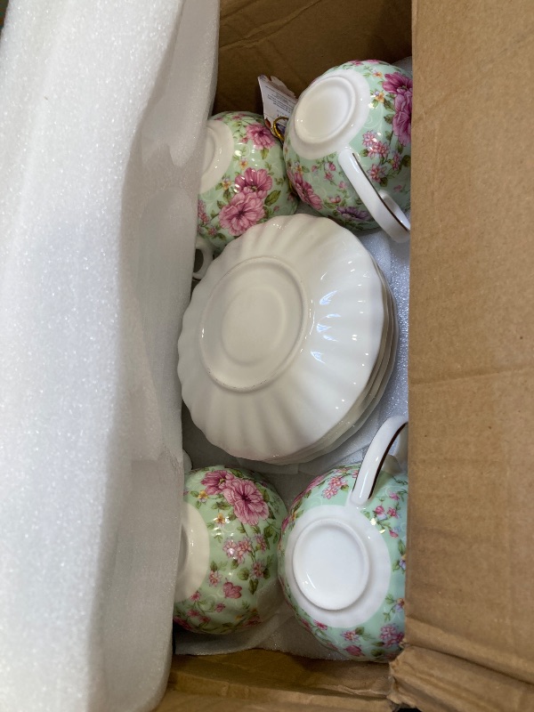 Photo 1 of Agyiuns Tea Cup and Saucers, 6.4oz Floral Tea Cups with Gold Trim, Porcelain Bone China Teacup, Coffee Cappuccino Espresso Latte Mugs for Party Birthday,Party Cafe Home, Christmas Gift (Green)
