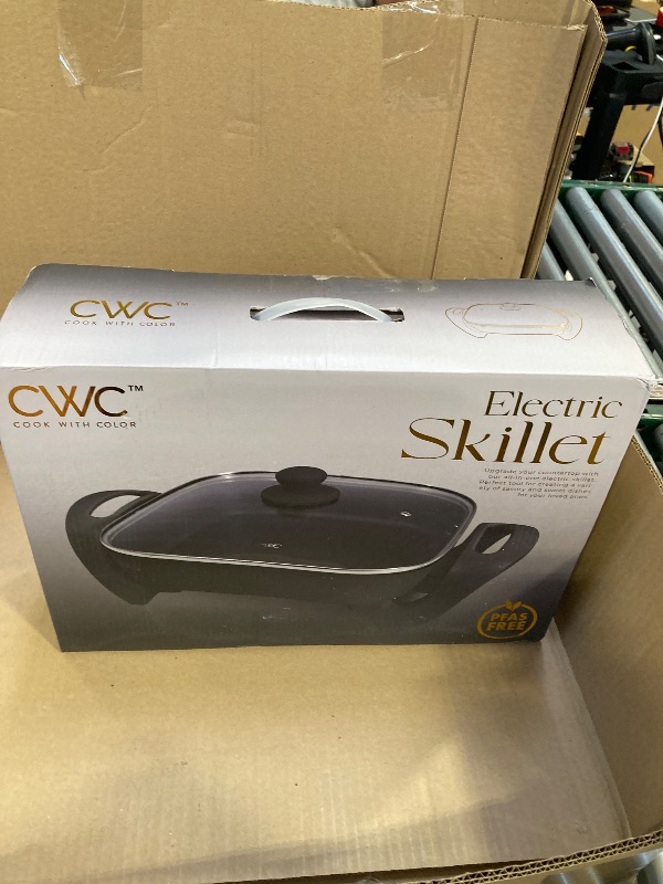 Photo 1 of COOK WITH COLOR Electric Skillet - 12" x 12" Ceramic Nonstick Pan, PFAS-Free, 1400W, Tempered Glass Lid, Variable Temperature, Removable Heating Probe, Cool-Touch Handles, Black