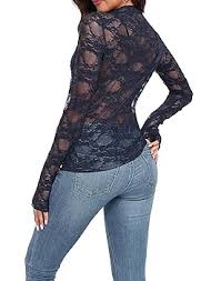 Photo 1 of Women's Lace Long Sleeve Mock Neck Tops Sexy Floral See Through Blouse Western Sheer Mesh Shirts SIZE LARGE 