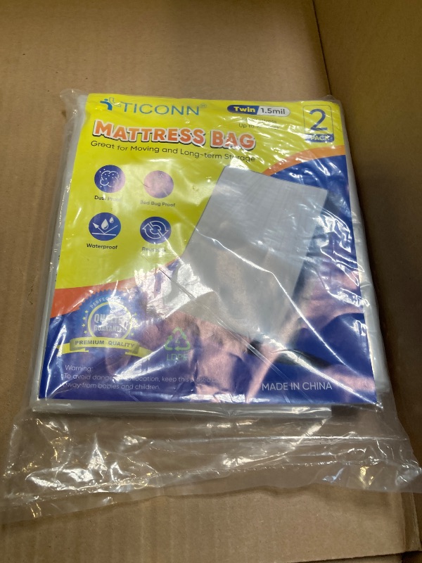 Photo 1 of TICONN 2PK Plastic Mattress Bag for Moving Storage, Waterproof Mattress Protector Cover, Heavy-Duty Mattress Moving Supplies (1.5 mil, Twin)