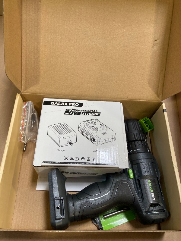 Photo 1 of GALAX PRO Cordless Drill Driver 20V,1.3Ah Battery Power Drill Driver with Single Speed 0-600RPM,and Work Light, Max Torque 20N.m, 3/8 Inch Keyless Chuck, 19+1 Position,Battery and Charger Included
