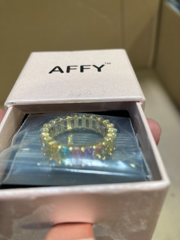 Photo 1 of AFFY Eternity Rainbow Ring 18K Yellow Gold Plated Emerald-Cut Multi Color AAA Created-Gemstone Rainbow Ring, Stackable Ring, Wedding Band for Women Gift For Her (Ring 1, Size 8)