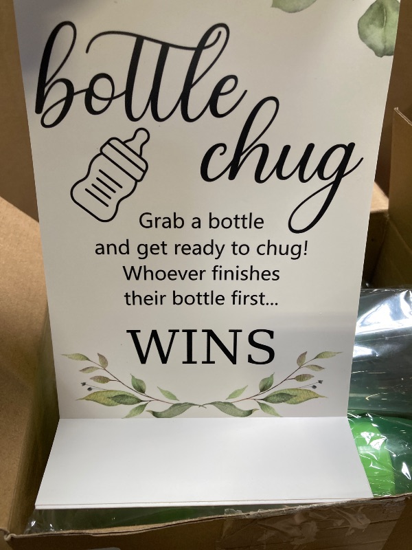 Photo 1 of TrelaCo Cool Baby Shower Games Sets 12 Pcs Feeding Bottles with 1 Bottle Chug Sign for Gender Reveal Baby Shower Party Favors Decoration Games(Leaves,Green)