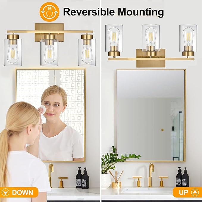 Photo 1 of 3-Light Bathroom Vanity Light, Modern Brushed Gold Wall Lights with Clear Glass Shades, Bathroom Wall Sconce Lamp for Mirror Living Room Bedroom Hallway