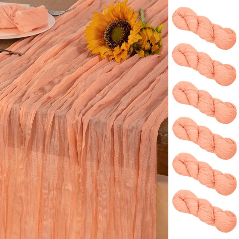 Photo 1 of DeZerlor Peach Cheesecloth Table Runner 6 Pack Summer Sheer Cheese Cloth Table Runners Boho Gauze 120 Inches for Sweet Little Peach Baby Shower Decorations Wedding Bridal Birthday Parties