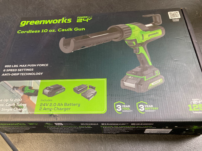 Photo 1 of Greenworks 24V Cordless 10 oz. Caulk & Adhesive Gun 6-Speed Anti-Dripping with 2Ah Battery and Changer