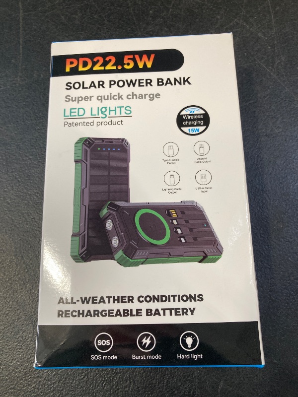 Photo 1 of Solar Charger Power Bank,36000mAh Portable Wireless Charger with USB-C in/Output,15W Fast Charging External Battery Pack Built in 4 Cables, Three Inputs Phone Portable Charger (Black-Orange, 36000mAh)