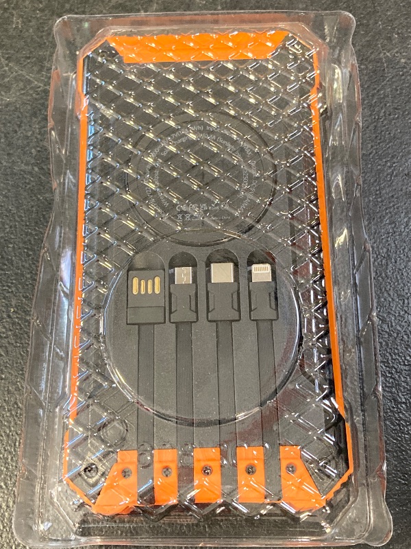 Photo 1 of Solar Charger Power Bank,36000mAh Portable Wireless Charger with USB-C in/Output,15W Fast Charging External Battery Pack Built in 4 Cables, Three Inputs Phone Portable Charger (Black-Orange, 36000mAh)