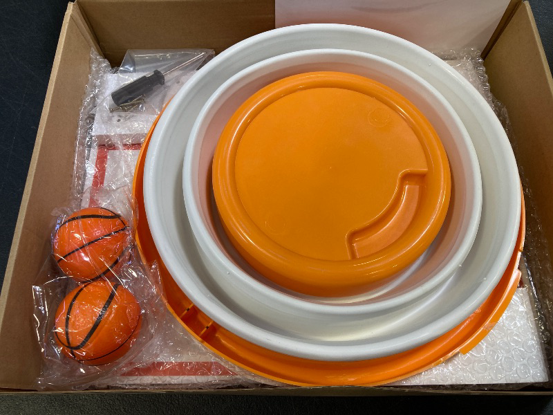 Photo 1 of Basketball Trash Can Garbage Hoop - Complete Set with Solid Wood Backboard and Base, and Orange Basketball Garbage Can, Trash Can Basketball Bin for Kids Room, Boys Bedroom, or Office, Basketball Gift