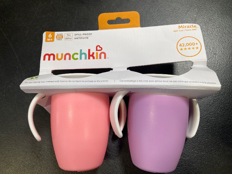 Photo 1 of Munchkin Sippy Cup for 6 Month Old and Up, Spill Proof Miracle 360 Toddler Cups with Transition Handles, 7 Ounce, 2 Pack, Pink/Purple