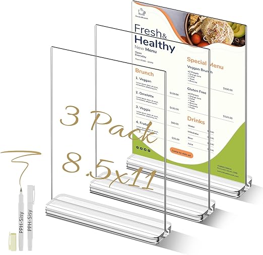 Photo 1 of Acrylic Sign Holder 8.5x11 , DIY Wedding Signs Clear Double-Sided Display Stands Flyer Holder for Menu Restaurants Retail Stores Offices with 2 Dry-Erase Markers, 3 Packs
