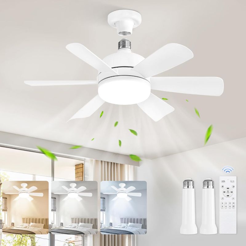 Photo 1 of ZMISHIBO  17.9 Inch Socket Fan Light with Remote, Dimmable 3 Colors 6 Speed 1100 Lumens Light Bulb Screw in Ceiling Fan with Lights, Light Socket Ceiling Fan for Bedroom -White