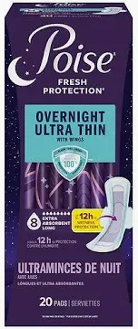 Photo 1 of Poise Overnight Ultra Thin Incontinence & Postpartum Pads with Wings for Bladder Leaks, 8 Drop Extra Absorbent, Long Length, (Packs of 20)