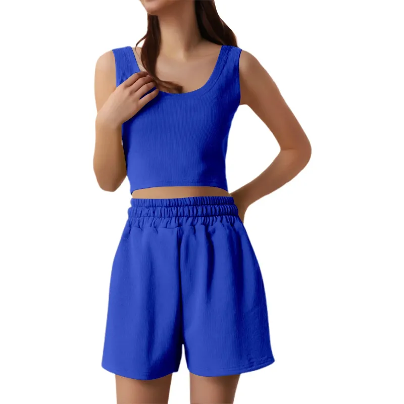 Photo 1 of Two Piece Outfits Women Summer Shorts Sets 2 Piece Sleeveless Matching Crop Top And High Waisted Shorts For Women - size M