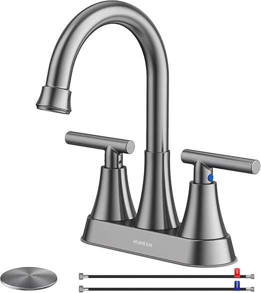 Photo 1 of Bathroom Faucets for Sink 3 Hole, Hurran 4 inch Matte Black with Pop-up Drain and 2 Supply Hoses, Stainless Steel Lead-Free 2-Handle Centerset Faucet for Sink Vanity