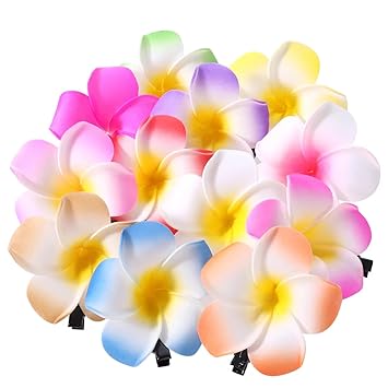 Photo 1 of 10 Pcs Colorful Hawaii Plumeria Flower Clips Hawaiian Flower Hair Barrettes Beach Party Hair Clips Artificial Tropical Hairpins for Wedding 7cm?Clips and Barrettes?Hair Clips
