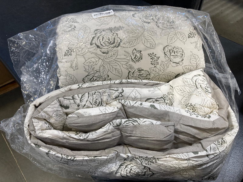 Photo 1 of LEMIROE Vintage Botanical Cotton Comforter King Size 3PC - Elegant Floral Sketch on Ivory White with Tan Herringbone Reverse – Reversible Lightweight Comforter Set with Soft Fill(104"×90")