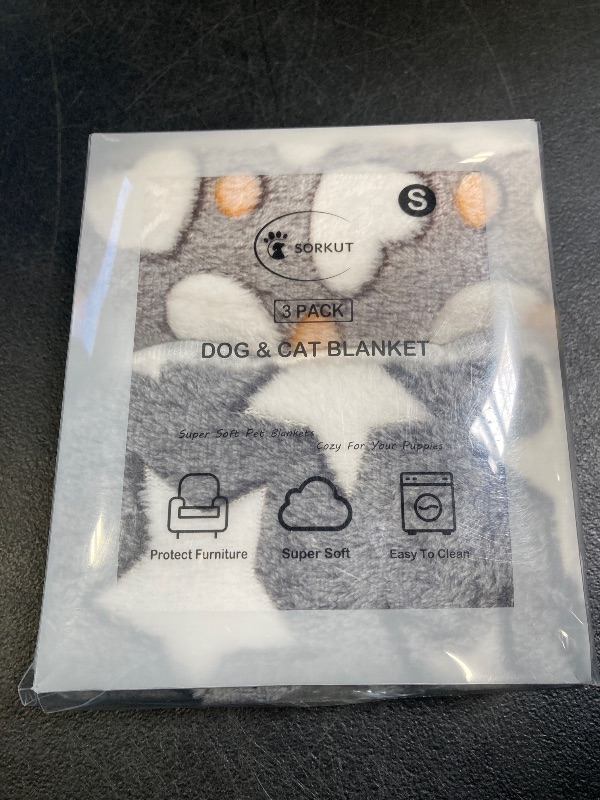Photo 1 of 1 Pack 3 Puppy Blankets Super Soft Warm Sleep Mat Grey Cute Print Fluffy Fleece Pet Flannel Throw Dog Blankets for Small Dogs Cats,Star&Bone&Love- Small (23"x15")