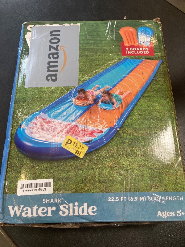 Photo 1 of Sloosh Shark Double Water Slide, 22.5ft Heavy Duty Lawn Water Slip and Slide with Sprinkler and 2 Slip Inflatable Boards for Party Summer Yard Lawn Outdoor Play Activities