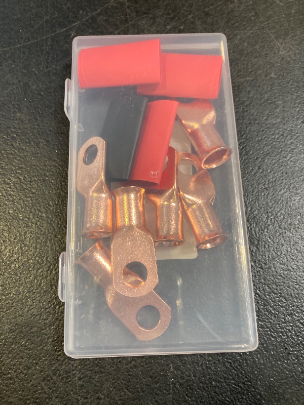 Photo 1 of TKDMR 10pcs 1/0 AWG-3/8 Battery Lugs,Heavy Duty Wire Lugs,Ring Terminals,Battery Cable Ends,0 Guage terminals,Battery Terminal Connectors with 10pcs 3:1 Heat Shrink Tubing