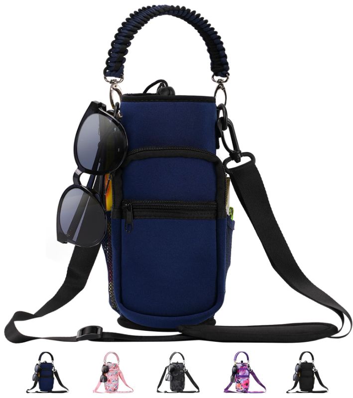 Photo 1 of AceTreker Water Bottle Carrier Bag, 32 oz/ 40 oz Water Bottle Sleeve with Paracord Hanlde & Strap, Neoprene Insulated Metal Canteen Pouch Holder with Phone Pocket for Gym, Sport, Fishing-Navy