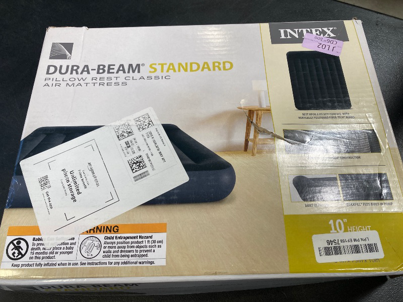 Photo 1 of INTEX 64147ED Dura-Beam Standard Pillow Rest Air Mattress: Fiber-Tech – Full Size – Built-in Electric Pump – 10in Bed Height – 600lb Weight Capacity
