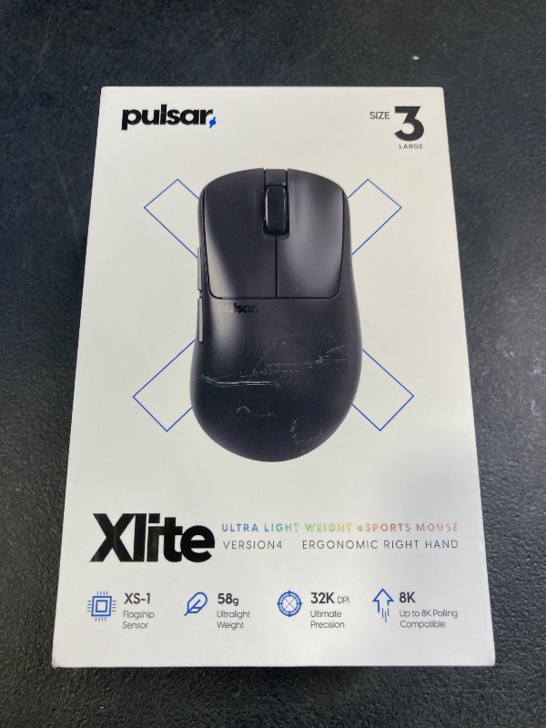 Photo 1 of Pulsar Gaming Gears Xlite v4 Wireless Gaming Mouse, Ultra Lightweight 2.04 oz (58g), Ergonomic, Optical Switch, 32000 DPI, 750 IPS, XS-1 Sensor, 8k Compatible (Large, Black)