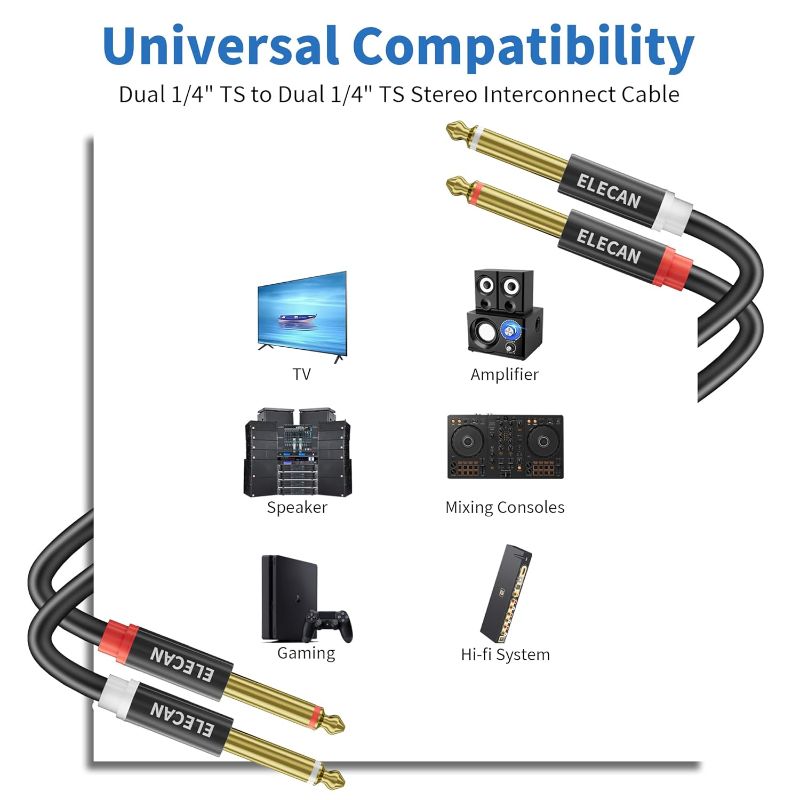 Photo 1 of Elecan Dual 6.35mm 1/4 TS to Dual 1/4 TS Stereo Audio Cable 4 Ft, Interconnect Insert Cord, Firm Connection,Flexible Durable Tearable Color-Coded Mono Breakout Cable for Speaker Amplifier Mixer 
