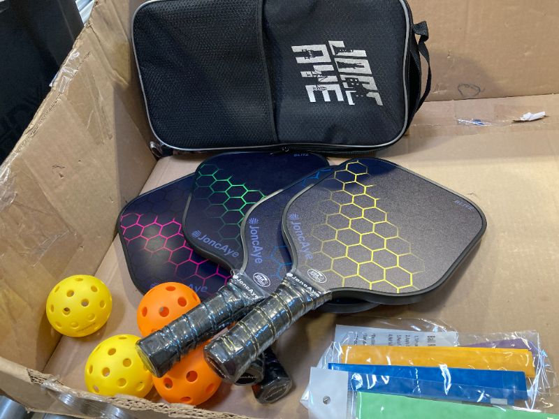 Photo 1 of Pickleball-Paddles-Set of 4 or 2 Rackets by JoncAye, USAPA Approved Pickle-Ball Equipment with Balls, Bag, Accessories, Fiberglass Graphite Pickleball Racquet Set for Men, Women, Kids, Adults