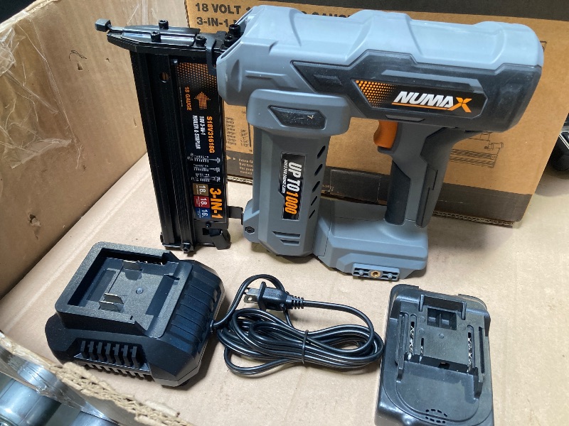 Photo 1 of NuMax 18V Cordless 3-in-1 Nail Gun Kit – 2" 16 & 18 Gauge Finish Nailer, Brad Nailer, and Staple Gun – Includes Battery, Charger & Fasteners – S18V31618G