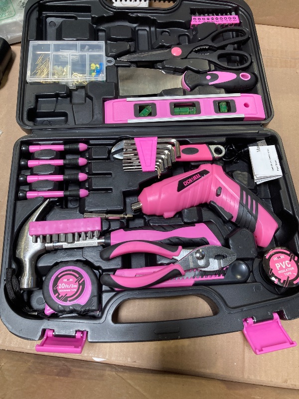 Photo 1 of 143 Pcs Pink Homeowner Tool Set with 3.6V Cordless Screwdriver General Household Hand Tool Kit with Plastic Tool box Storage Case for Women,Men
