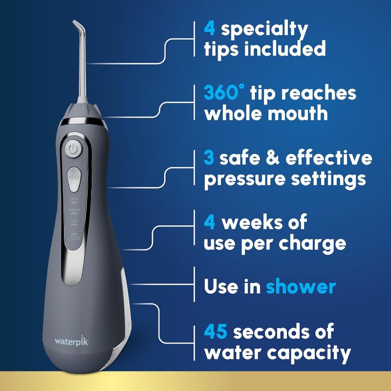Photo 1 of Waterpik Cordless Advanced 2.0 Water Flosser For Teeth, Gums, Braces, Dental Care With Travel Bag and 4 Tips, ADA Accepted, Rechargeable, Portable, and Waterproof, Gray WP-587, Packaging May Vary