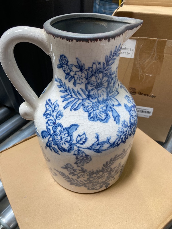 Photo 1 of Beeveer Blue and White Ceramic Pitcher Vase Porcelain Chinoiserie Floral Vase Retro Ice Cracked Ceramic Chinese Flower Jug for Table Home Living Room Decor