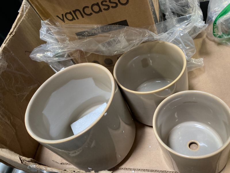 Photo 1 of vancasso Ceramic Plant Pots, 3 Piece Planters for Indoor Plants, 4.25+5.25+6.25 Inch Flower Pots with Drainage, Plant Pots Indoor for Succulent, Pothos, Snake Plant and Money Tree, Etc (Gray)