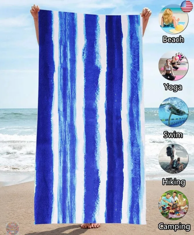 Photo 1 of Oversized Terry Beach Towel 36 x 72 in Soft Extra Large Big Pool Swim Towels for Adult XL Clearance Big Travel Blanket Cruise Vacation Accessories Essentials Lounge Chair Cover Blue Stripe Boho