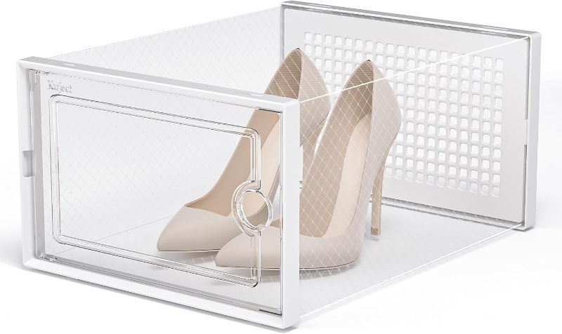 Photo 1 of 4cs only---Kuject X-Large Shoe Storage Boxes Organizers Clear Plastic Stackable   Shoe Rack & Holder Substitute, Sneaker Containers, Toy Storage Organizer Bins for Entryway, Closet, Under Bed, White