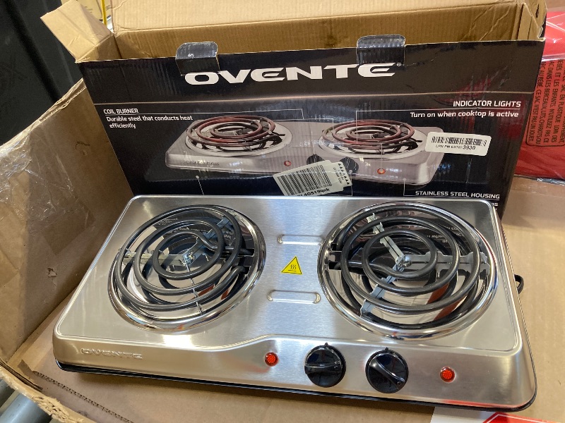 Photo 1 of OVENTE Electric Countertop Double Burner, 1700W Cooktop with 6" and 5.75" Stainless Steel Coil Hot Plates, 5 Level Temperature Control, Indicator Lights and Easy to Clean Cooking Stove, Silver BGC102S
