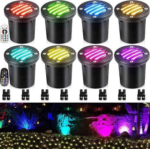 Photo 1 of SUNVIE RGBW Well Lights Landscape LED In Ground Color Changing Low Voltage Well Lights 12-24V Waterproof Outdoor Landscape Lighting Grated Top In Ground Light for Pathway Garden Yard ETL, 8 Pack