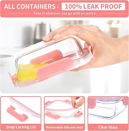 Photo 1 of GULFLIN Small Glass Food Storage Containers 6 Pack-12oz Glass Containers with Lids for Meal Prep, Food Storage, Freezer to Microwave Safe, Air-Tight, Leak-Proof, Pink Set