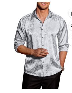 Photo 1 of Coshow Men's Long Sleeve Button Down Silk Satin Shirt Floral Design Shirt Casual Party Prom and Wedding Shirt-4xl