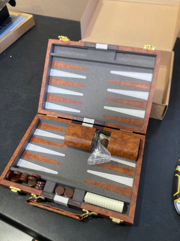 Photo 1 of AMEROUS Backgammon Set, 11 Inches Classic Board Game withLeather Case, Folding Board, Gift Package, Portable Travel Strategy Backgammon Game Set for Adults, Kids (Small, Brown)